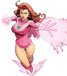 Uma imagem de Atom Eve (Samantha Eve Wilkins) em seu traje rosa com o símbolo do átomo, usando seus poderes para manipular matéria rosada brilhante com as mãos. Ela está flutuando em um ambiente de cidade.