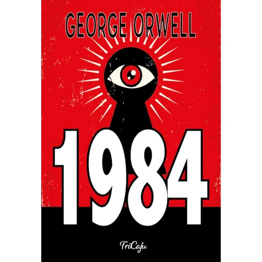 Capa do livro 1984 de George Orwell, com design minimalista em vermelho, preto e branco. Um grande olho central, estilizado como o "Grande Irmão", está dentro de uma fechadura com raios de luz, sobre o título "1984" em números grandes e brancos. Edição da editora TriCaju.