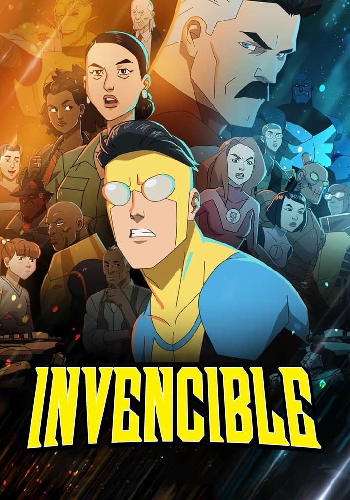 Mark Grayson, o herói Invencível, voando com seu traje azul e amarelo em um fundo de céu azul.