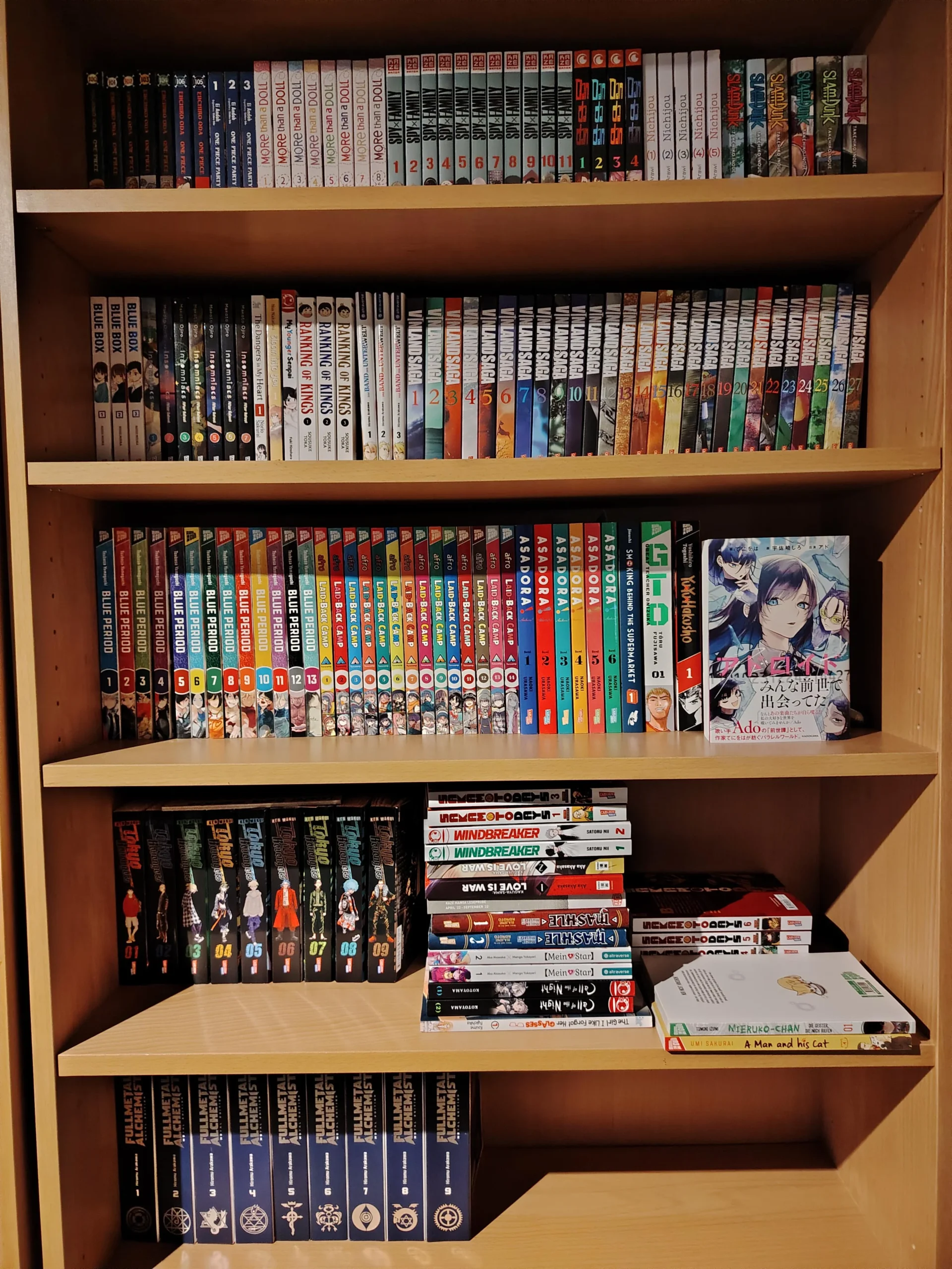 Estante organizada com uma grande coleção de mangás